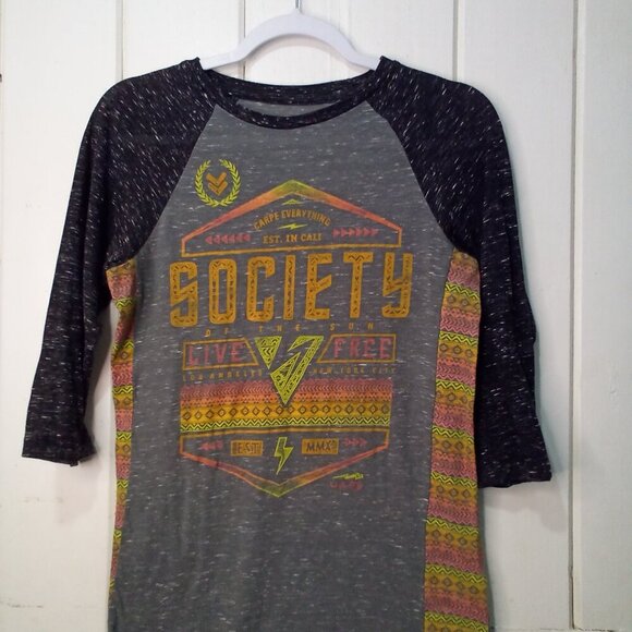 Society Shirt Women S 3/4 Sleeve Live Free Aztec Pattern Colorful - Picture 3 of 13